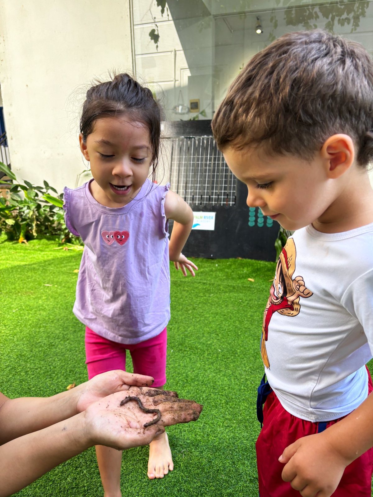 A Nursery child gasping at the earthworms in a teacher's cupped hands